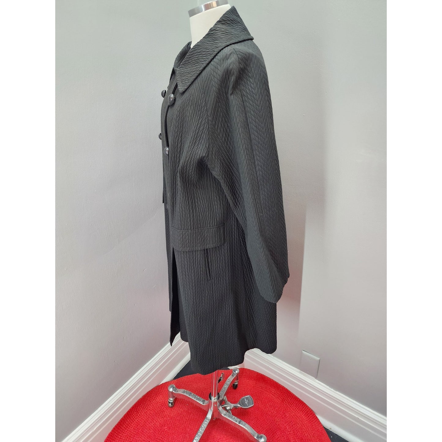 60s Vintage Black Waffle All Weather Trench Coat, Grunge / Goth - XL