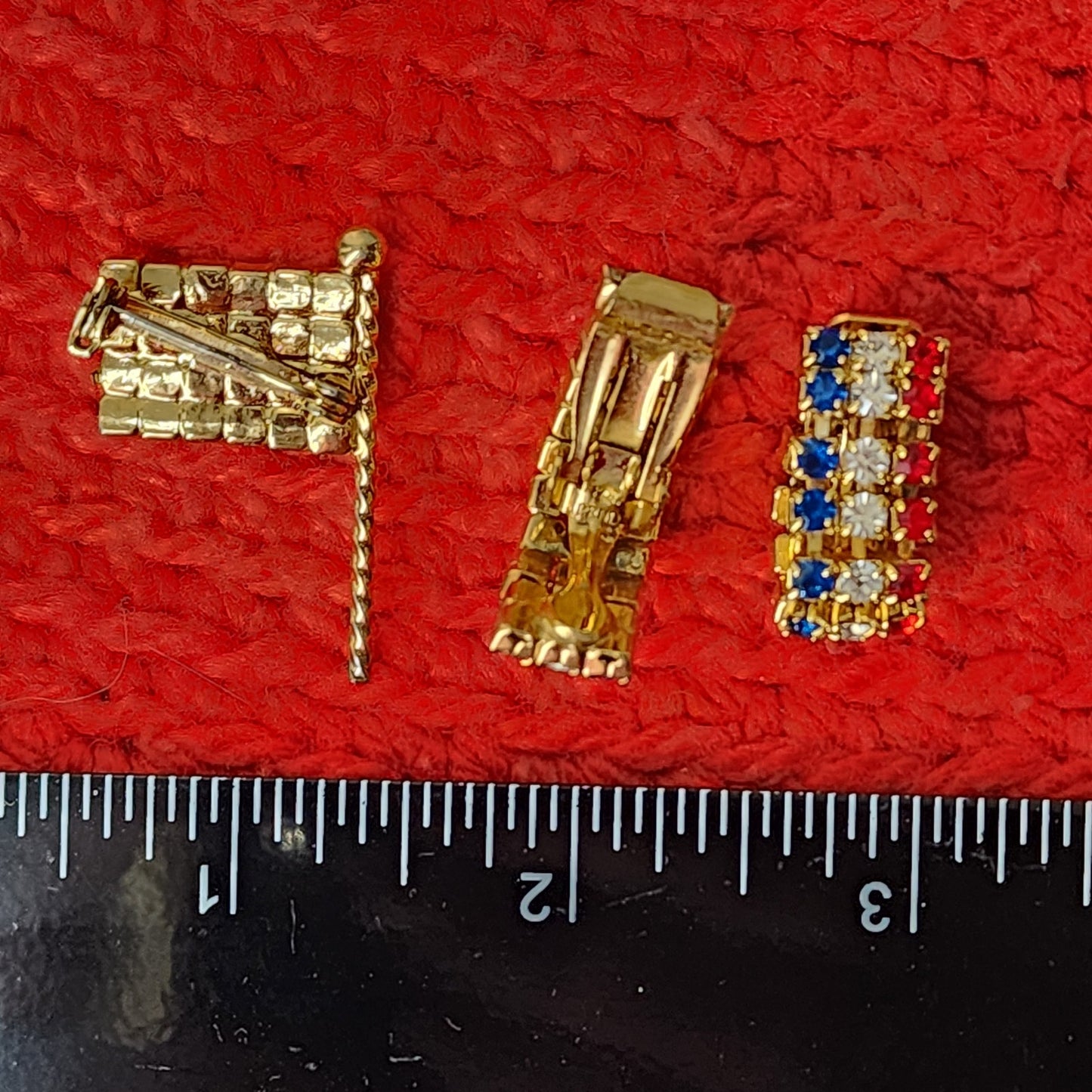 60s/70s Vintage Red, White & Blue Rhinestone Flag Pin & Clip-on Earrings