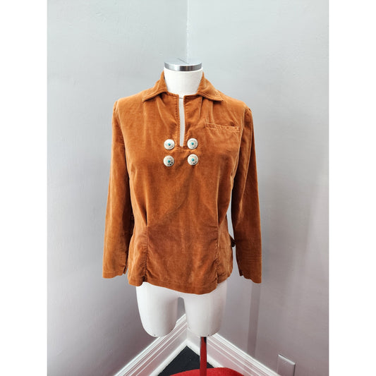 60s Vintage Thunderbird Fashions Burnt Orange Southwestern Velvet Top - S / M