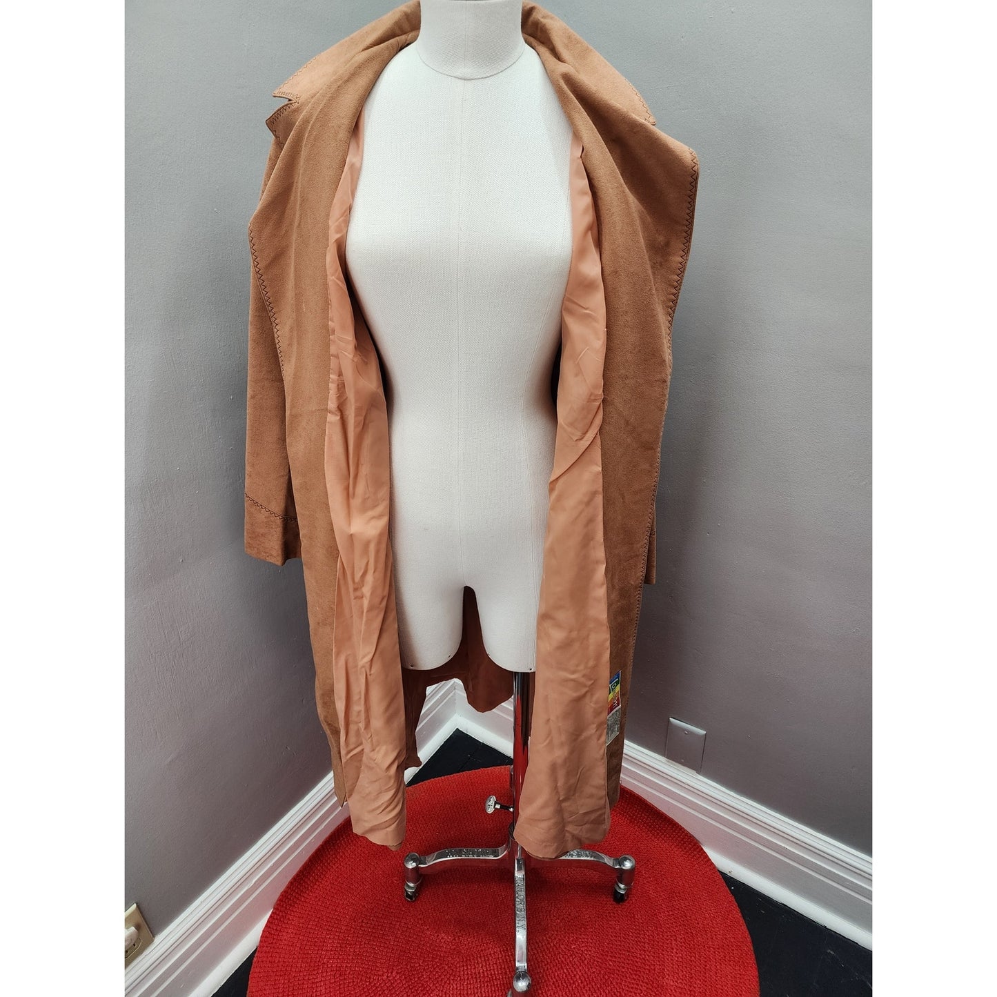 70s Vintage Faux Suede Tan Trench Coat, Contrast Stitching - M