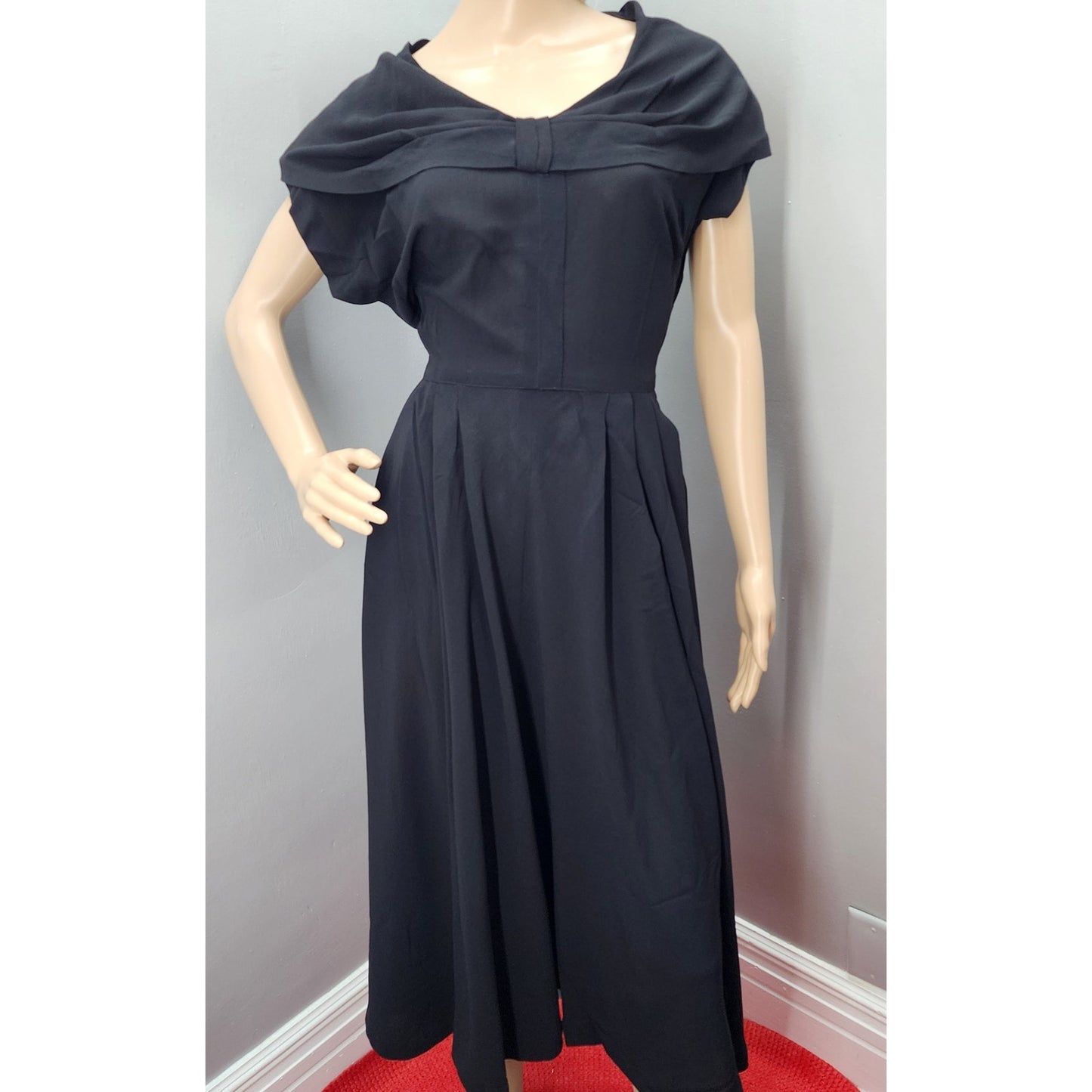 40s Vintage Black Fit-n-Flare Dress with Portrait Collar
