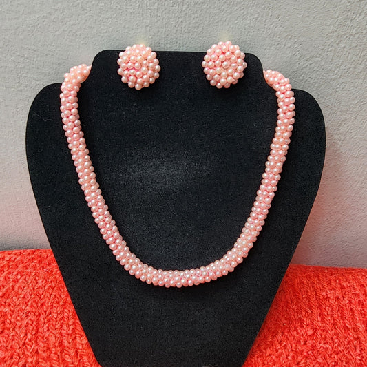 60s Vintage Pink Beaded Rope Necklace and Button Clip Earrings