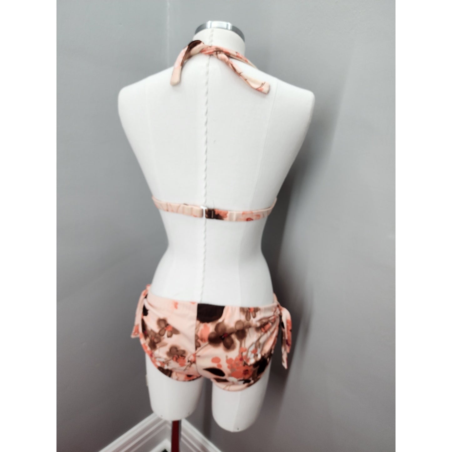 70s Peach & Brown Floral Bikini Swim Suit - M / L
