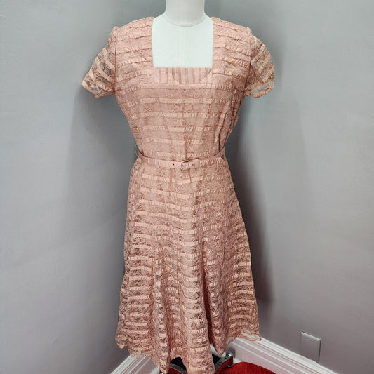 40s Vintage Dusty Rose Lace and Ribbon Dress - XL