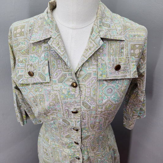 50s Vintage Cotton Day Dress, Fit & Flare, Muted Colors - S
