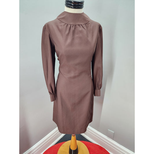 60s Vintage Handmade Brown Long Sleeved Sheath Dress - M