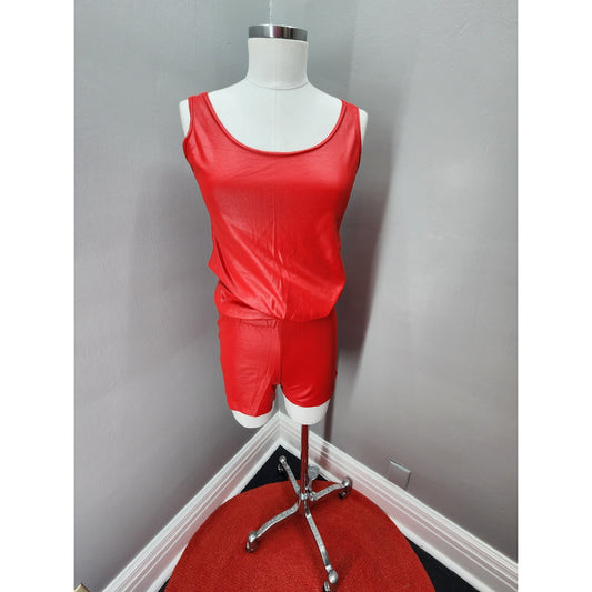 70s Vintage Red Hot Wet Look Tank & Hot Pants - S