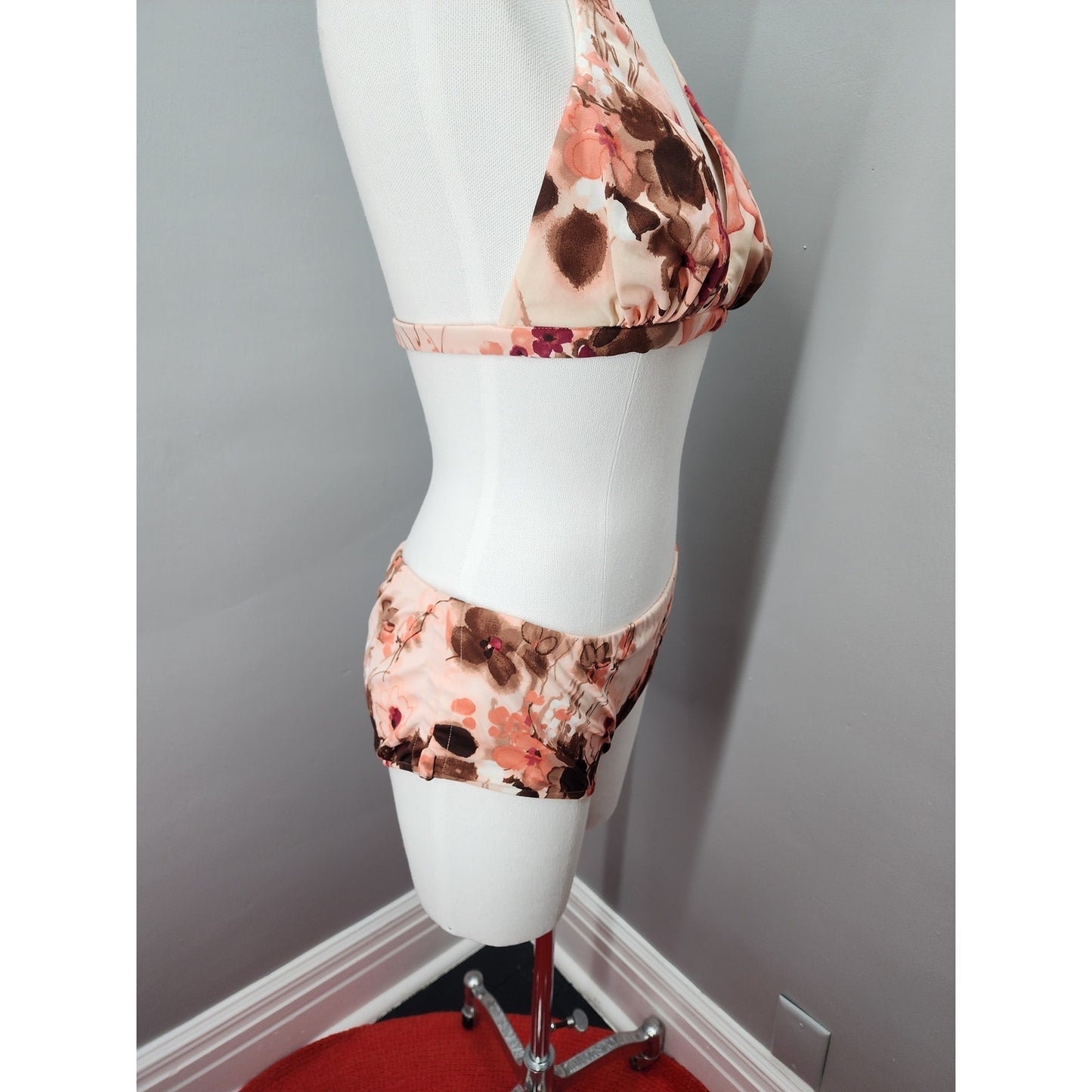 70s Peach & Brown Floral Bikini Swim Suit - M / L