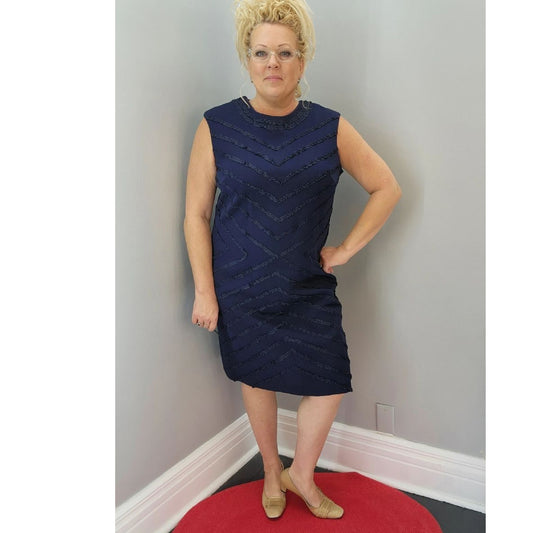 60s Vintage Lane Bryant Navy Blue Ruffle Ribbon Shift Dress- 1X/2X