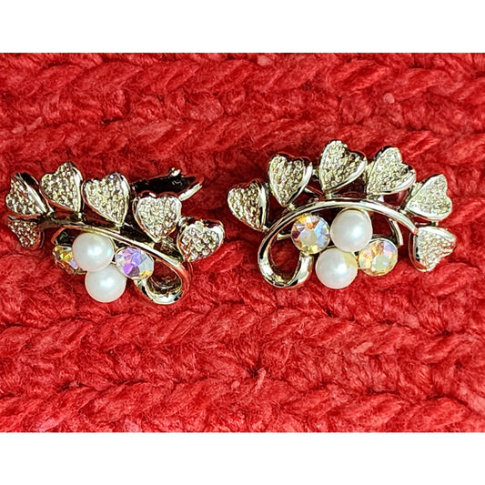 60s Vintage Coro Clip Earrings, Aurora Borealis, Gold Tone