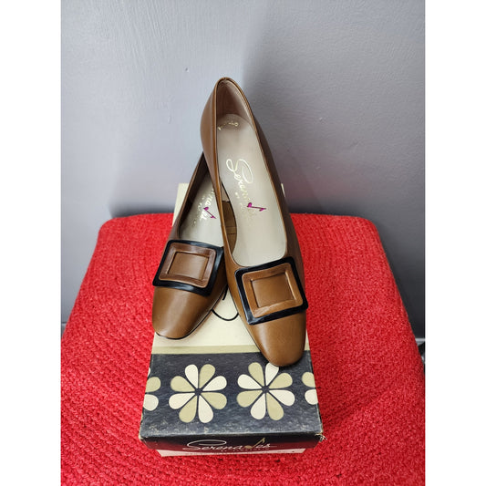60s Vintage Florsheim Leather Pumps, Brown w/Black Detail, NOS - 9.5A