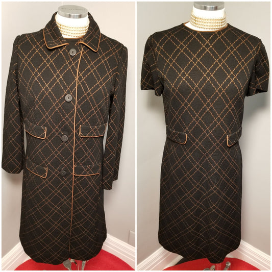 60s Vintage Tannel Knit Power Suit / Coat and Dress - M