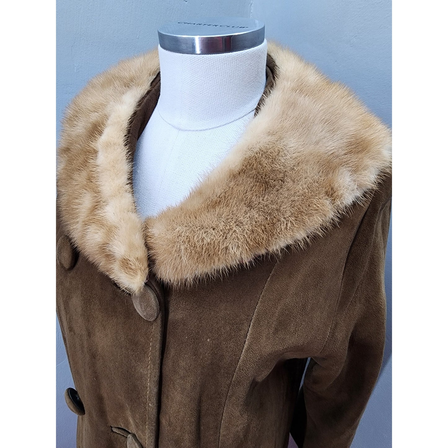 Vintage 60s Light Brown Suede Coat with Auburn Fur Collar - S