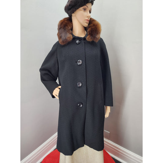 60s Vintage Textured Black Coat with Mink Fur Collar - XL