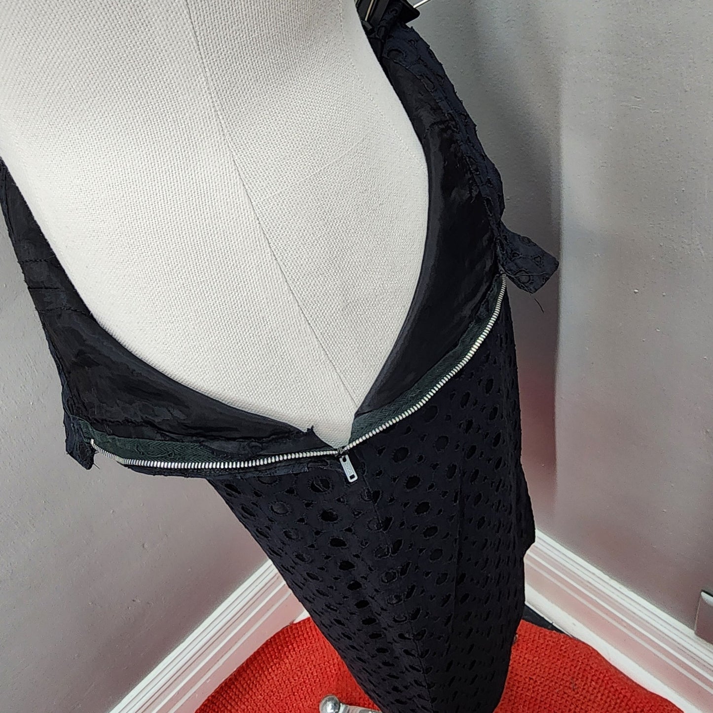 50s Vintage Black Eyelet or Broderie Anglaise Skirt Suit - S / M