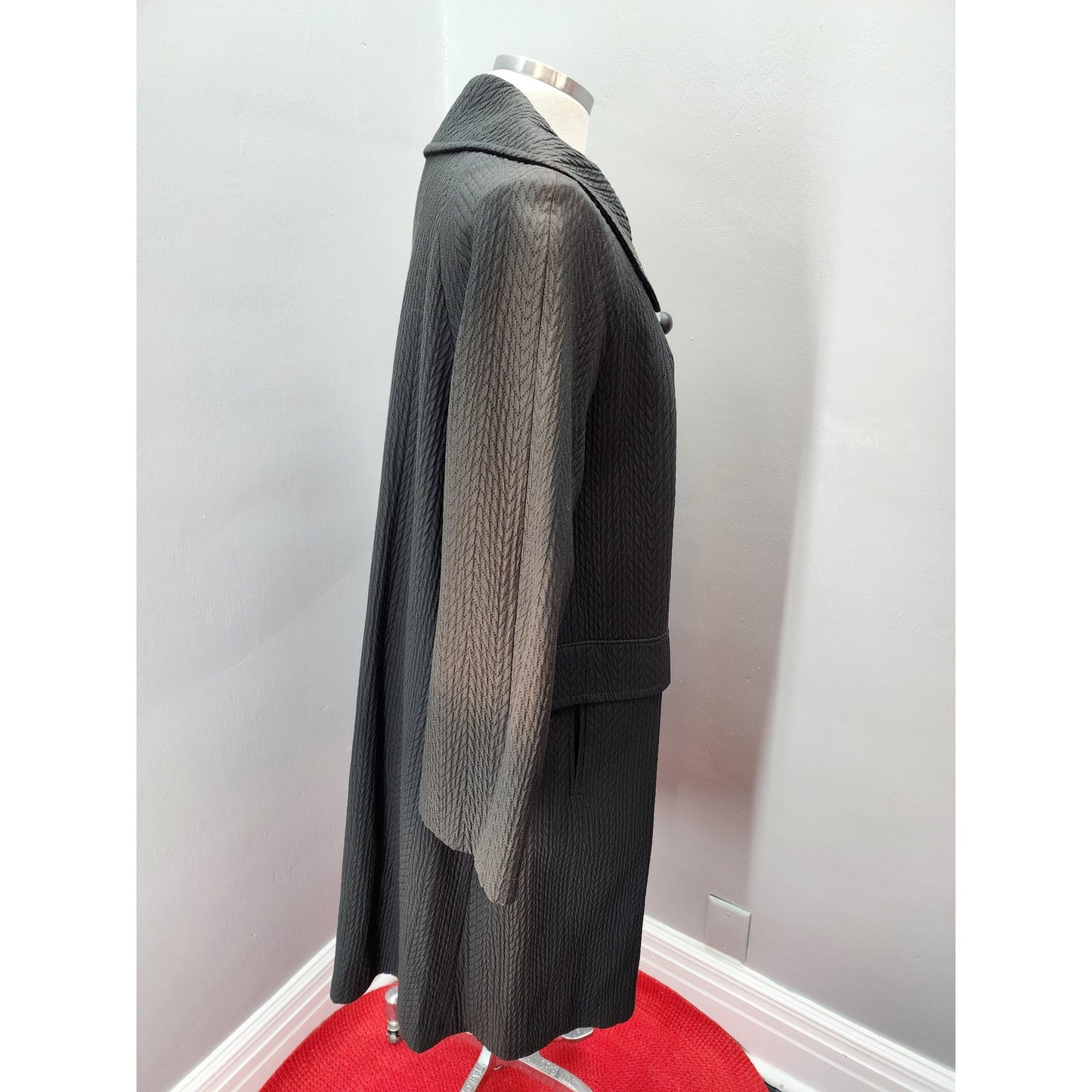 60s Vintage Black Waffle All Weather Trench Coat, Grunge / Goth - XL