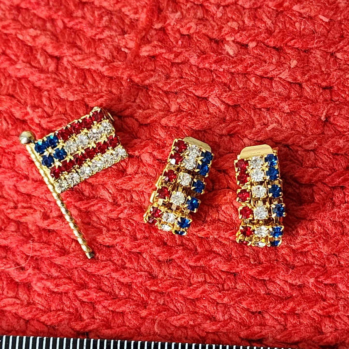 60s/70s Vintage Red, White & Blue Rhinestone Flag Pin & Clip-on Earrings