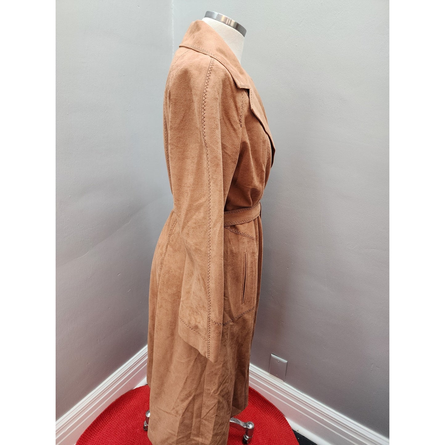 70s Vintage Faux Suede Tan Trench Coat, Contrast Stitching - M