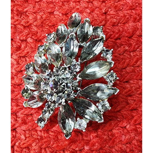 50s Vintage Weiss Lapel Brooch Pin, Smokey Grey Rhinestone, Silver Hardware