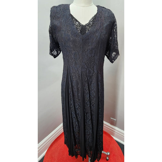 90s Vintage Black Nostalgia Lace and Rayon Midi/Maxi - S