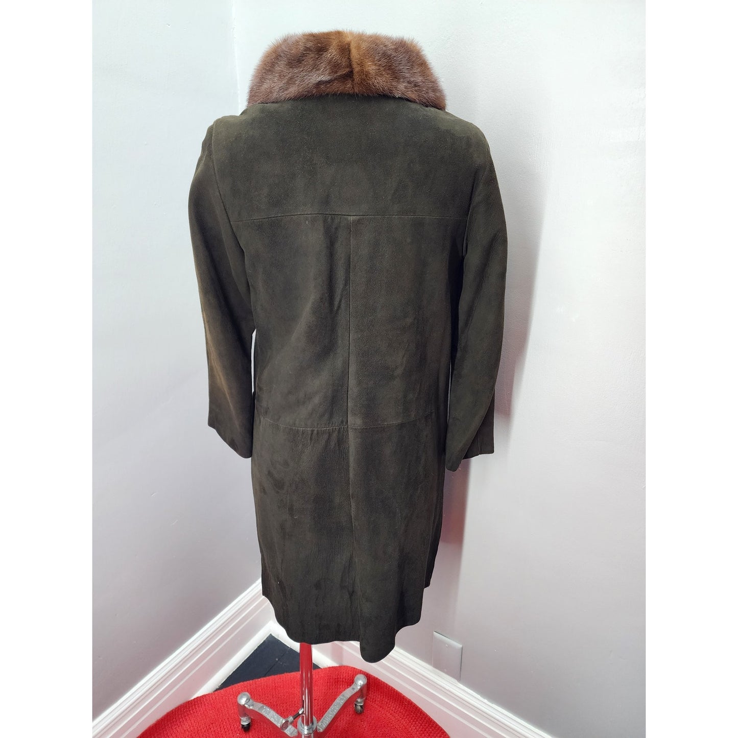 Vintage 60s Chocolate Brown Suede Coat with Fur Collar - S
