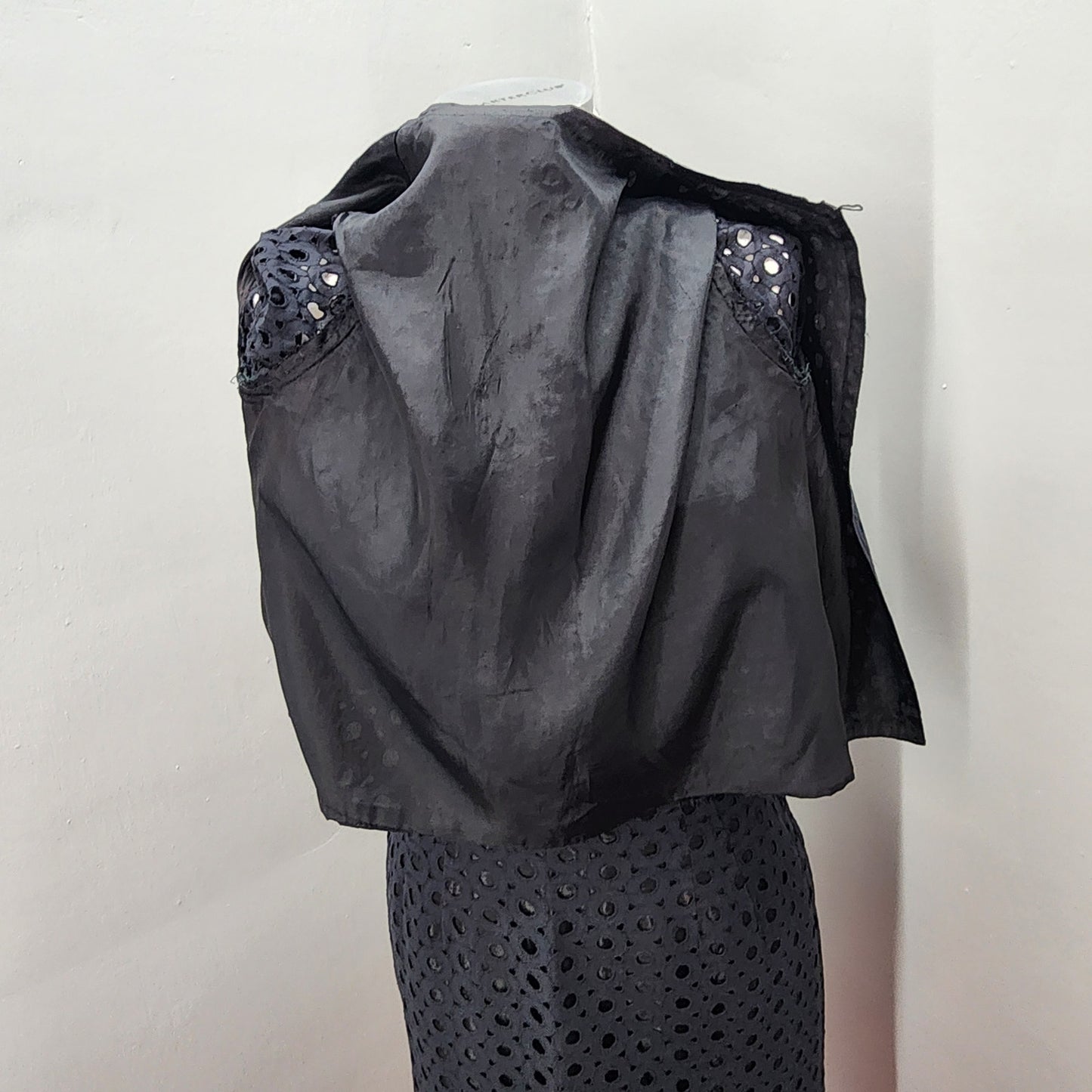 50s Vintage Black Eyelet or Broderie Anglaise Skirt Suit - S / M