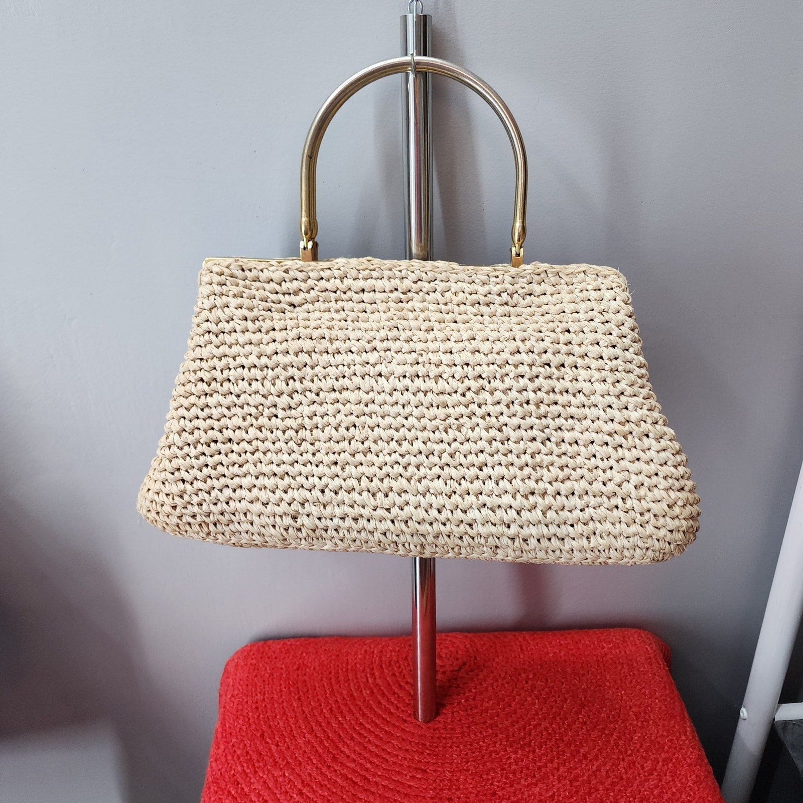 70s Vintage Marcus Brothers Pale Raffia Framed Doctor Bag Purse