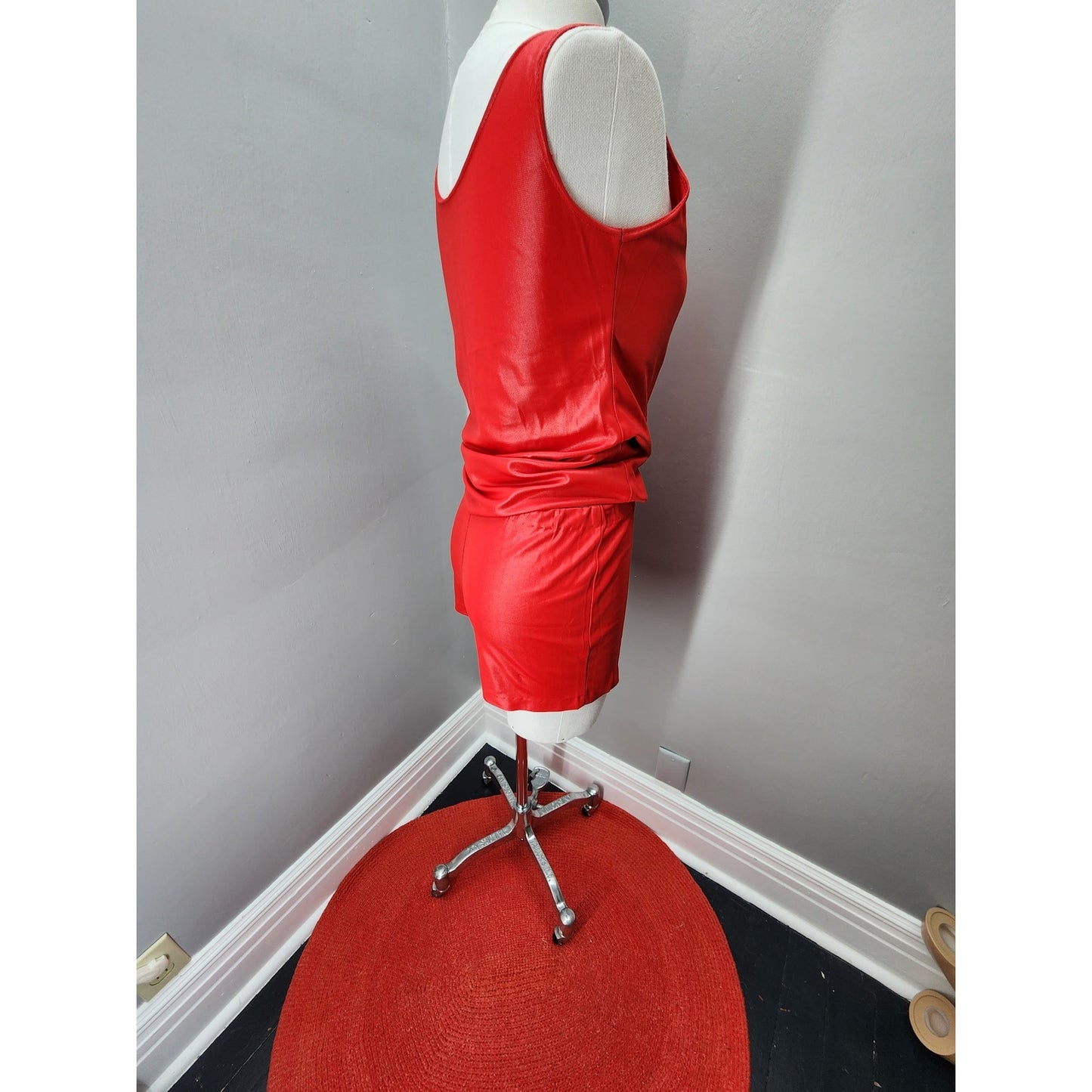 70s Vintage Red Hot Wet Look Tank & Hot Pants - S