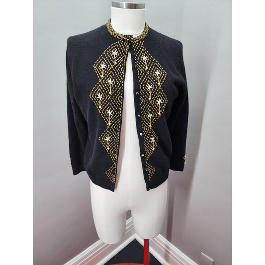 50s Vintage Marchessa Black Beaded Cardigan - M