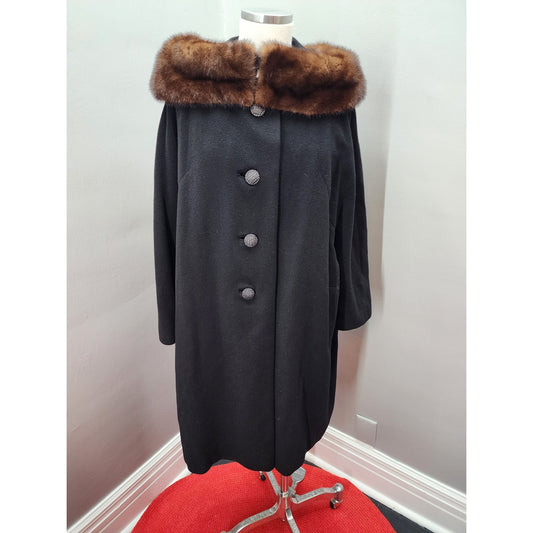 60s Vintage Black Cashmere Coat with Vintage Fur Collar - XXL