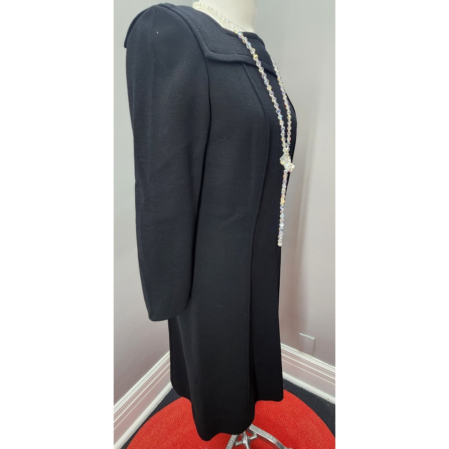 60s Vintage Black Kimberly Knit Wool Shift Dress -M