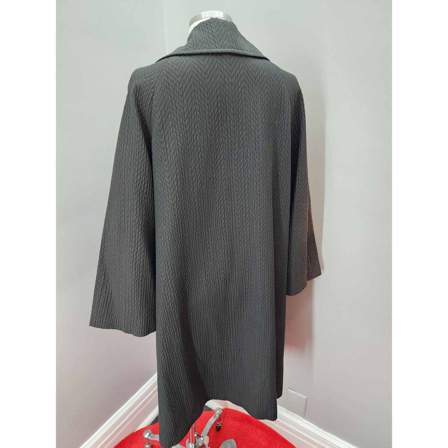 60s Vintage Black Waffle All Weather Trench Coat, Grunge / Goth - XL