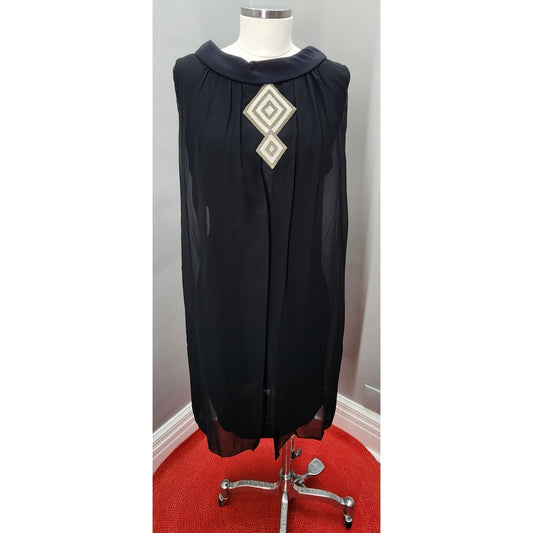 60s Vintage Black Sheath Cocktail Dress w/Beaded Applique - XL