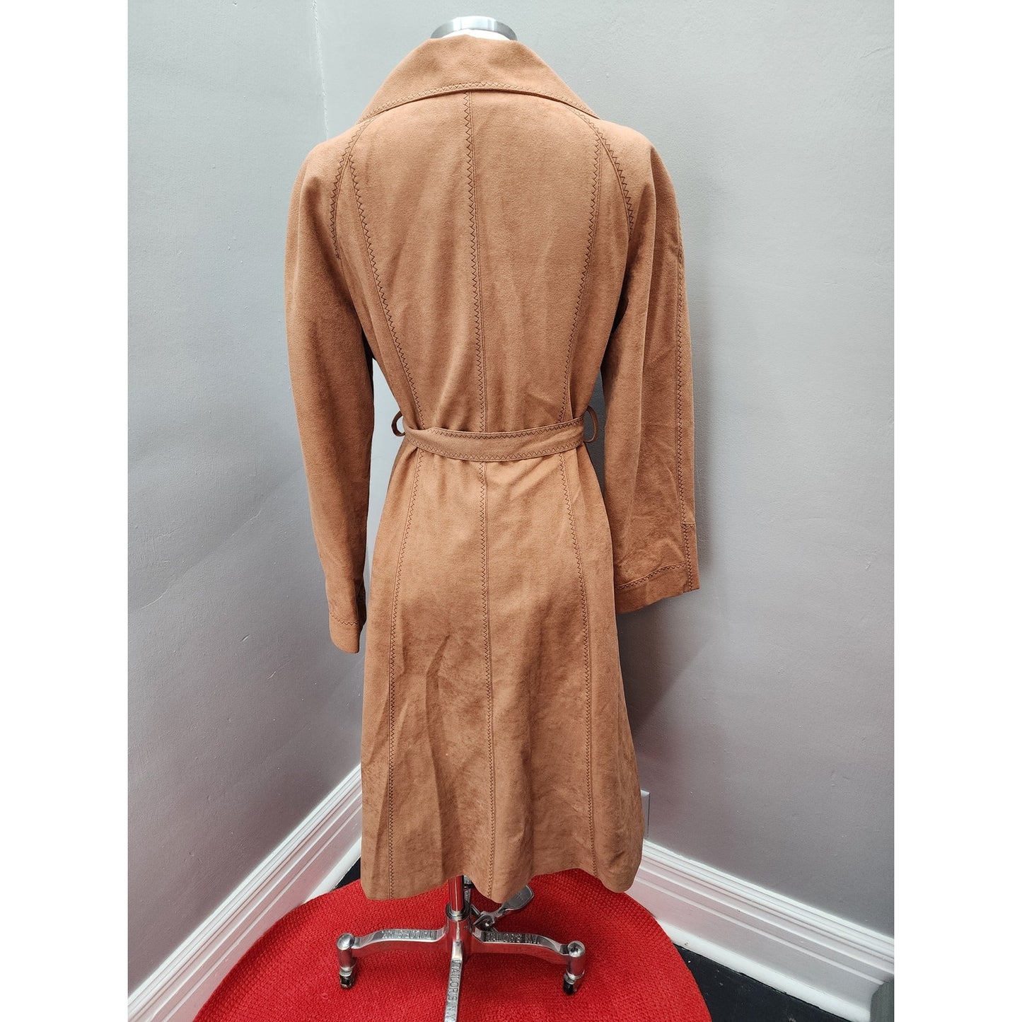 70s Vintage Faux Suede Tan Trench Coat, Contrast Stitching - M