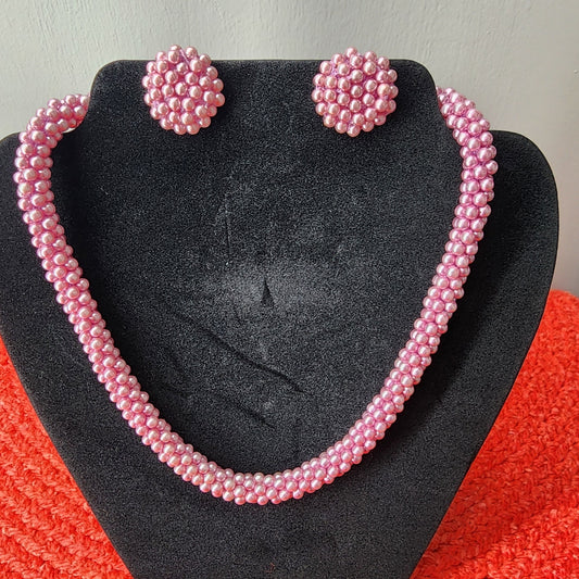 60s Vintage Lavender Beaded Rope Necklace and Button Clip Earrings