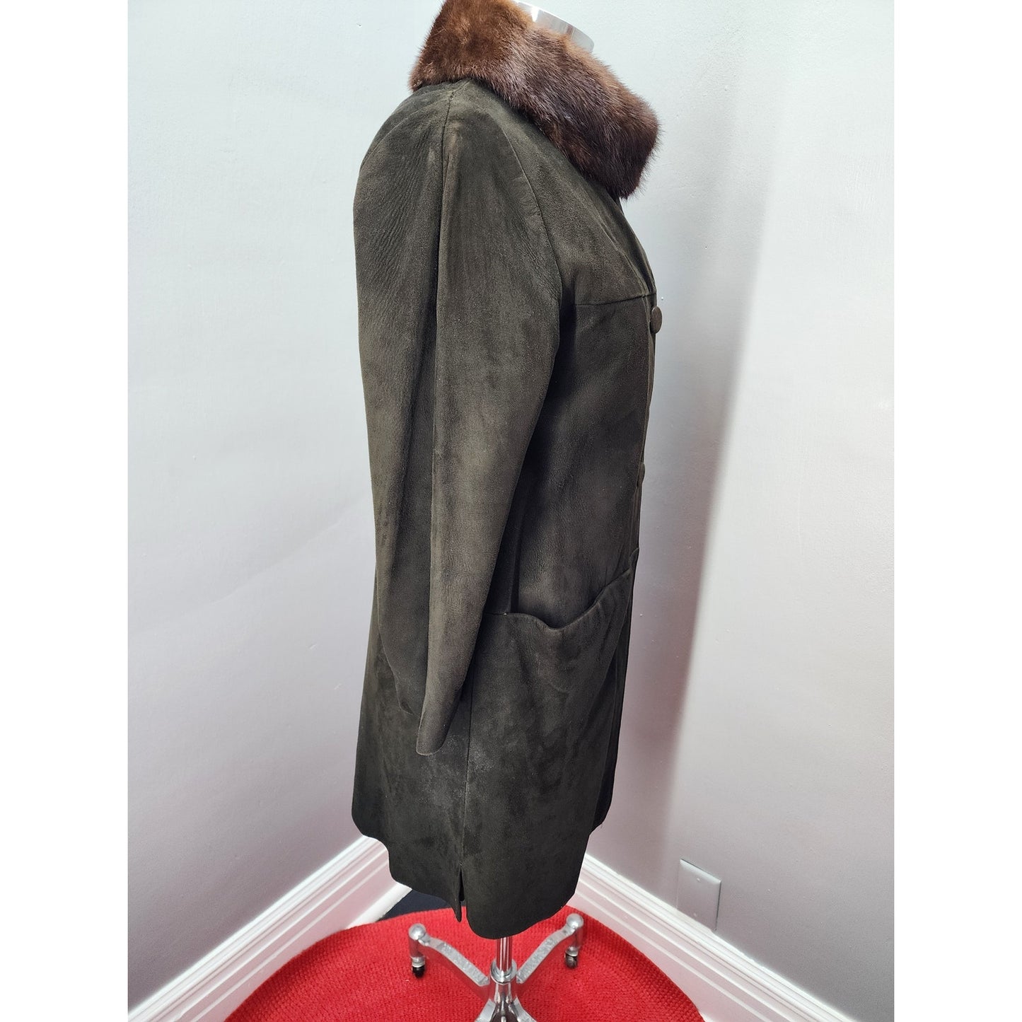 Vintage 60s Chocolate Brown Suede Coat with Fur Collar - S