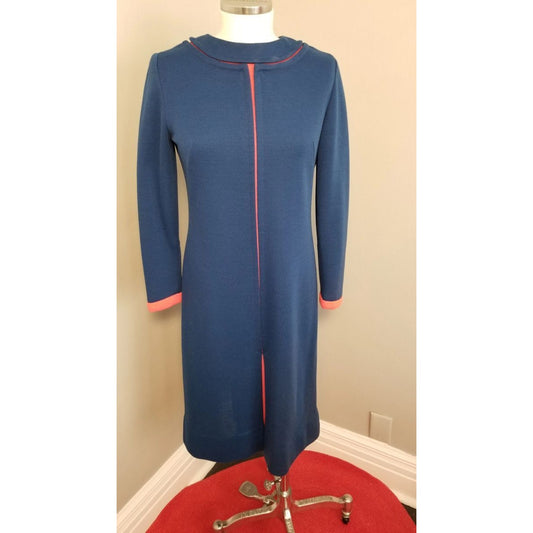 60s Vintage Royal Blue Double Knit Shift Dress with Tomato Red Detail - M