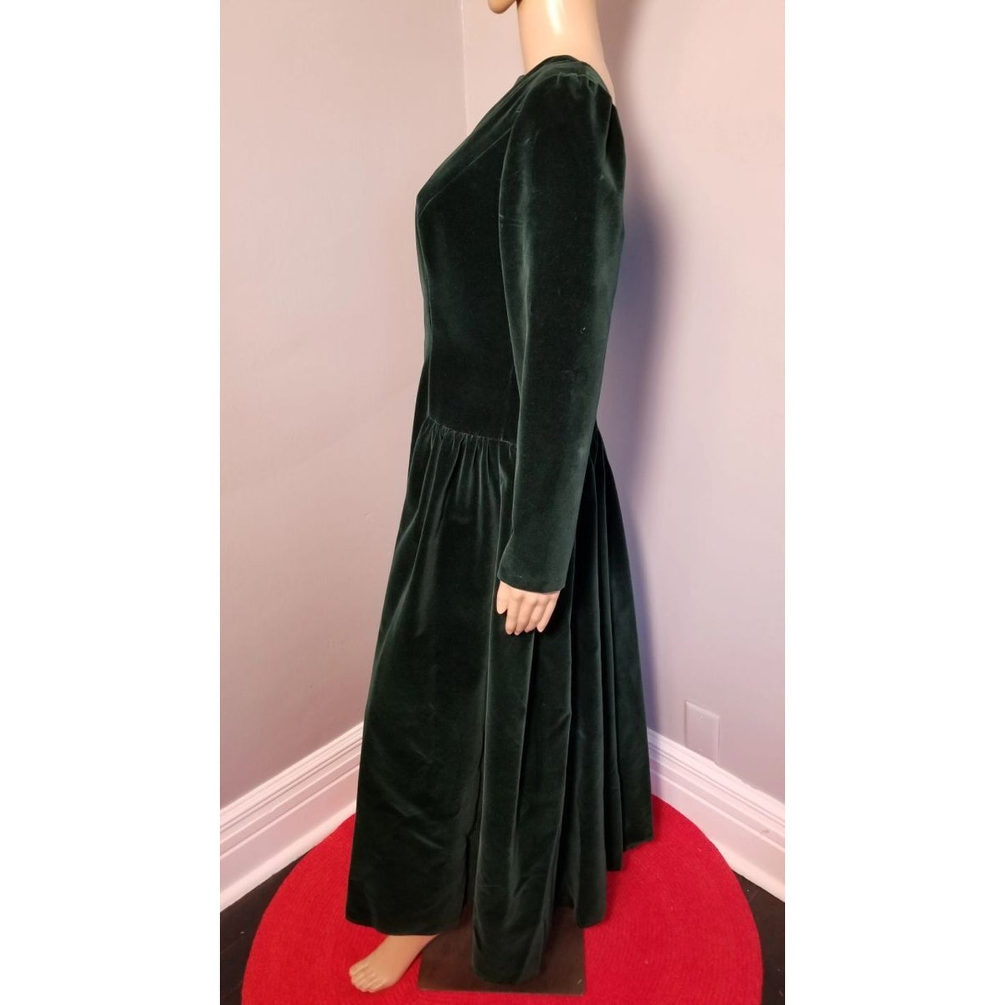 80s Vintage House of Bianchi Deep Hunter Green Velvet Maxi Dress - M/L