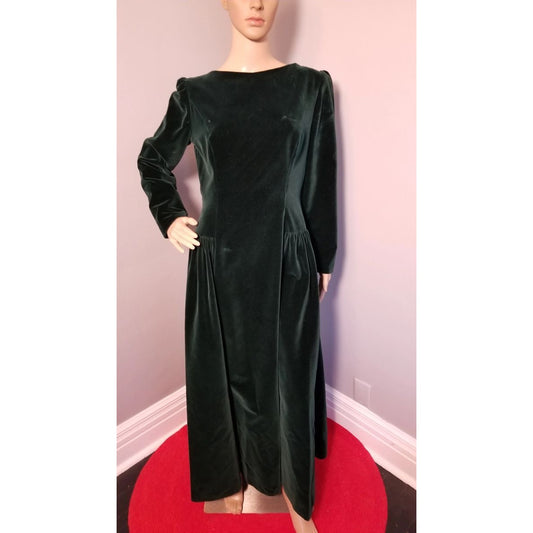80s Vintage House of Bianchi Deep Hunter Green Velvet Maxi Dress - M/L