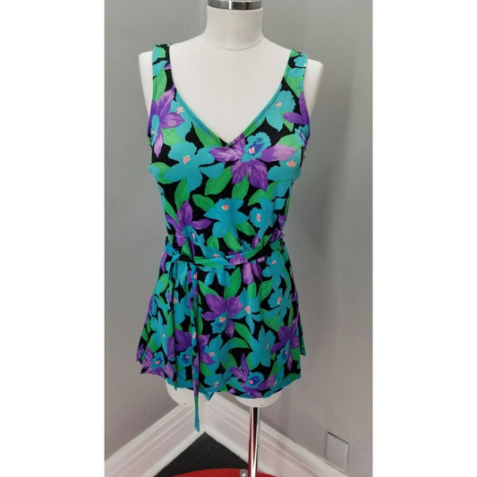 80s Vintage Maxine of Hollywood Belted Floral Swim Dress Swimsuit - L
