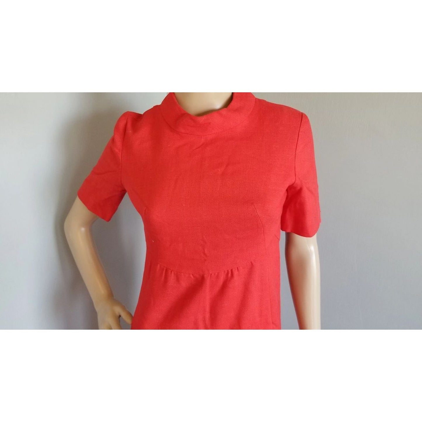 70s Vintage Red Linen Tailored, Empire Waist Sheath Dress - S