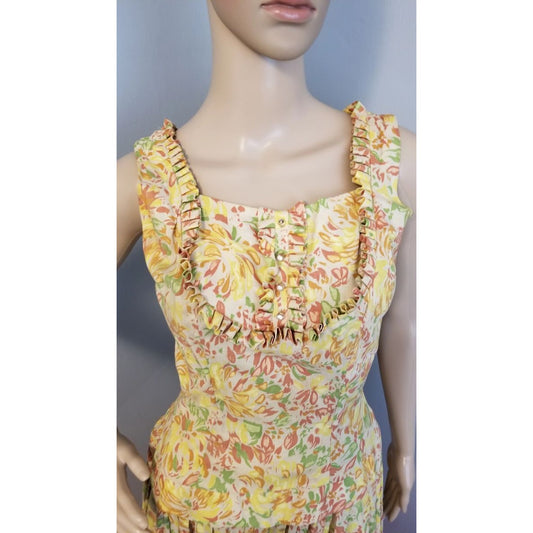 50s Vintage Ruffled Cotton Frock in Fall Colors - XS