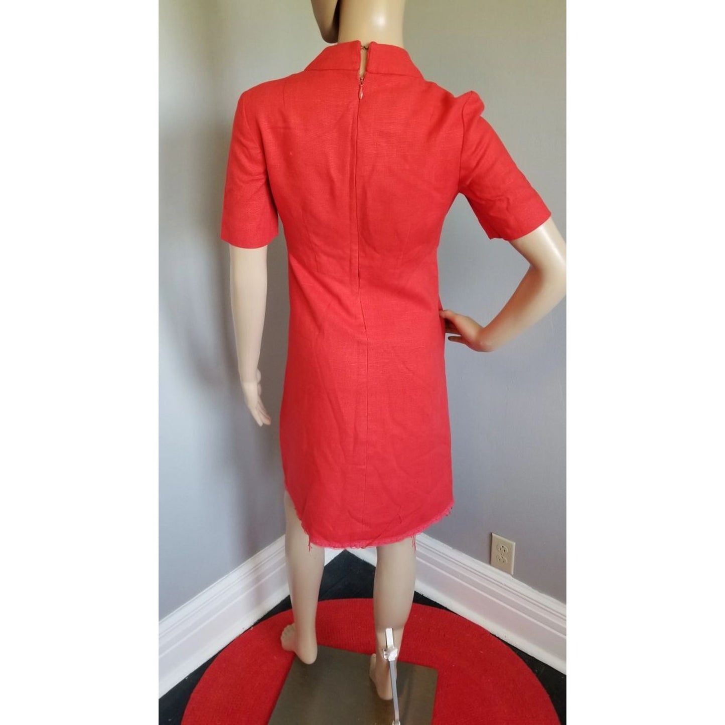 70s Vintage Red Linen Tailored, Empire Waist Sheath Dress - S