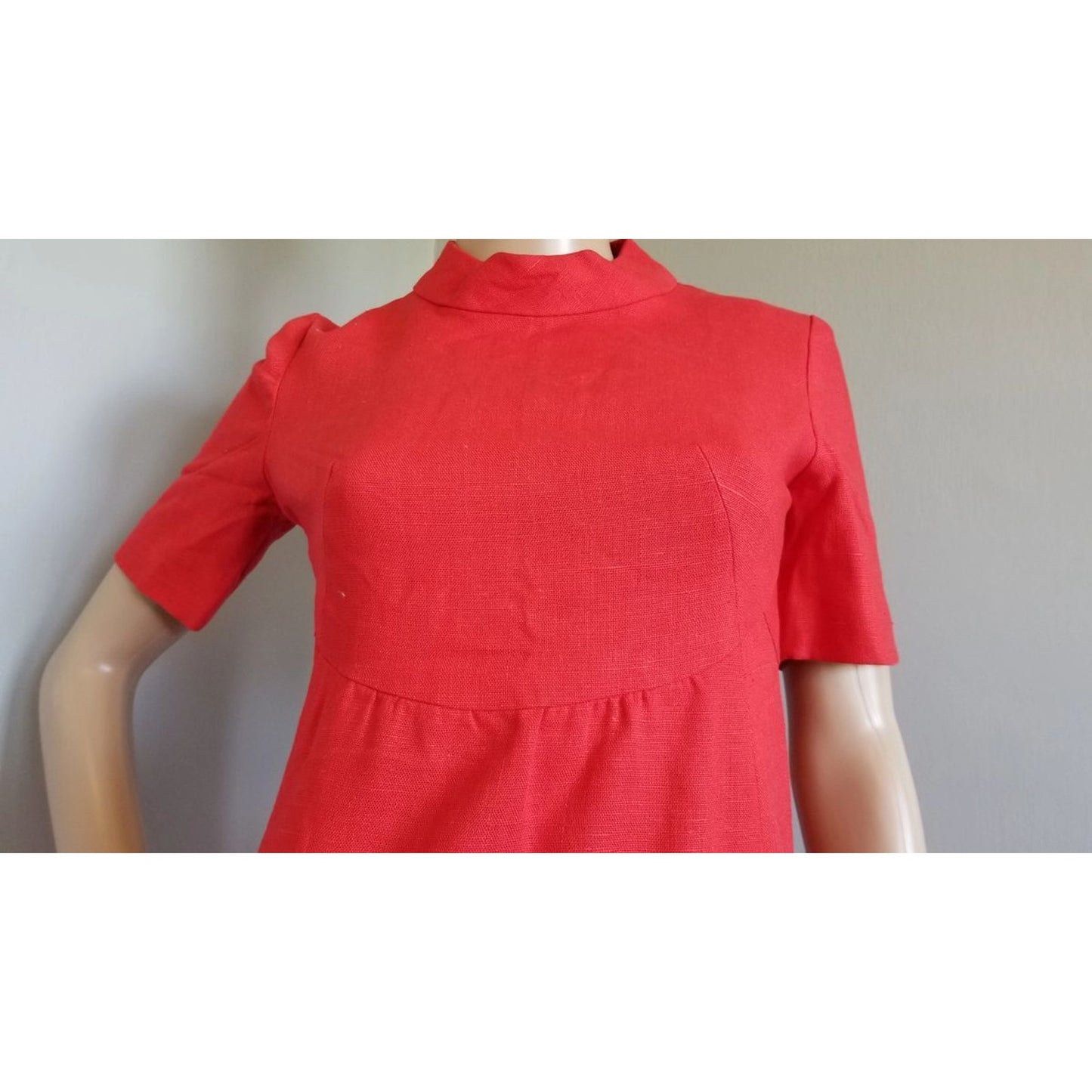 70s Vintage Red Linen Tailored, Empire Waist Sheath Dress - S