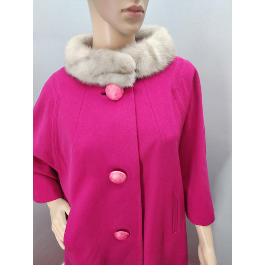 60s Vintage Raspberry Wool Cape / Coat with Fur Collar - L