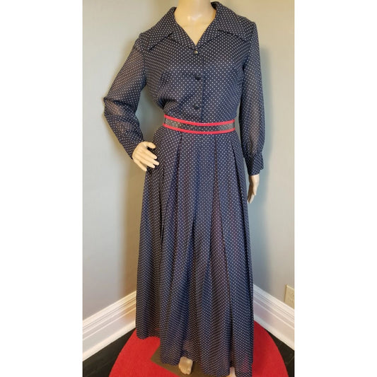 70s Vintage Navy and White Polka-Dot Maxi Dress - M