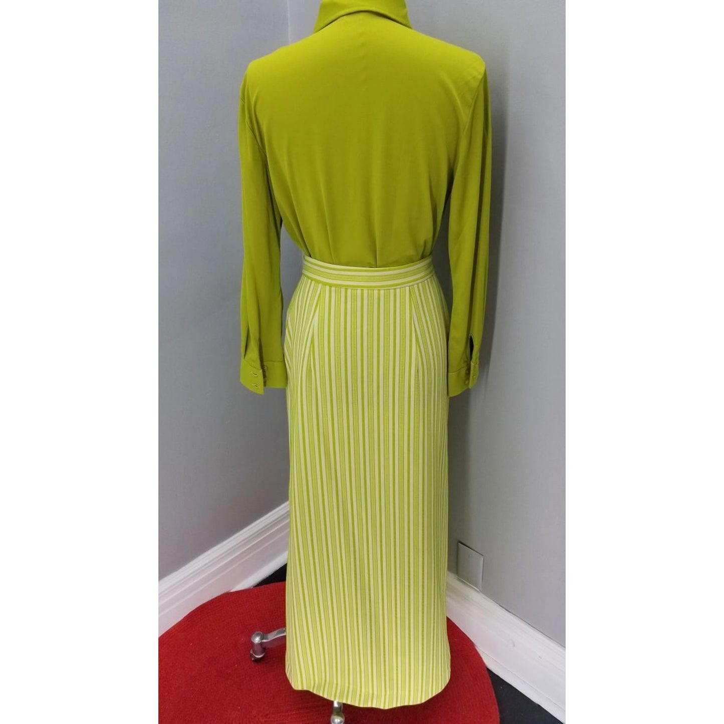 70s Vintage Dark Chartreuse Blouse and Maxi Skirt - M