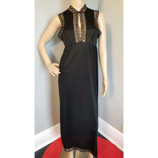 70s Vintage Van Raalte Black Column Night Gown - S