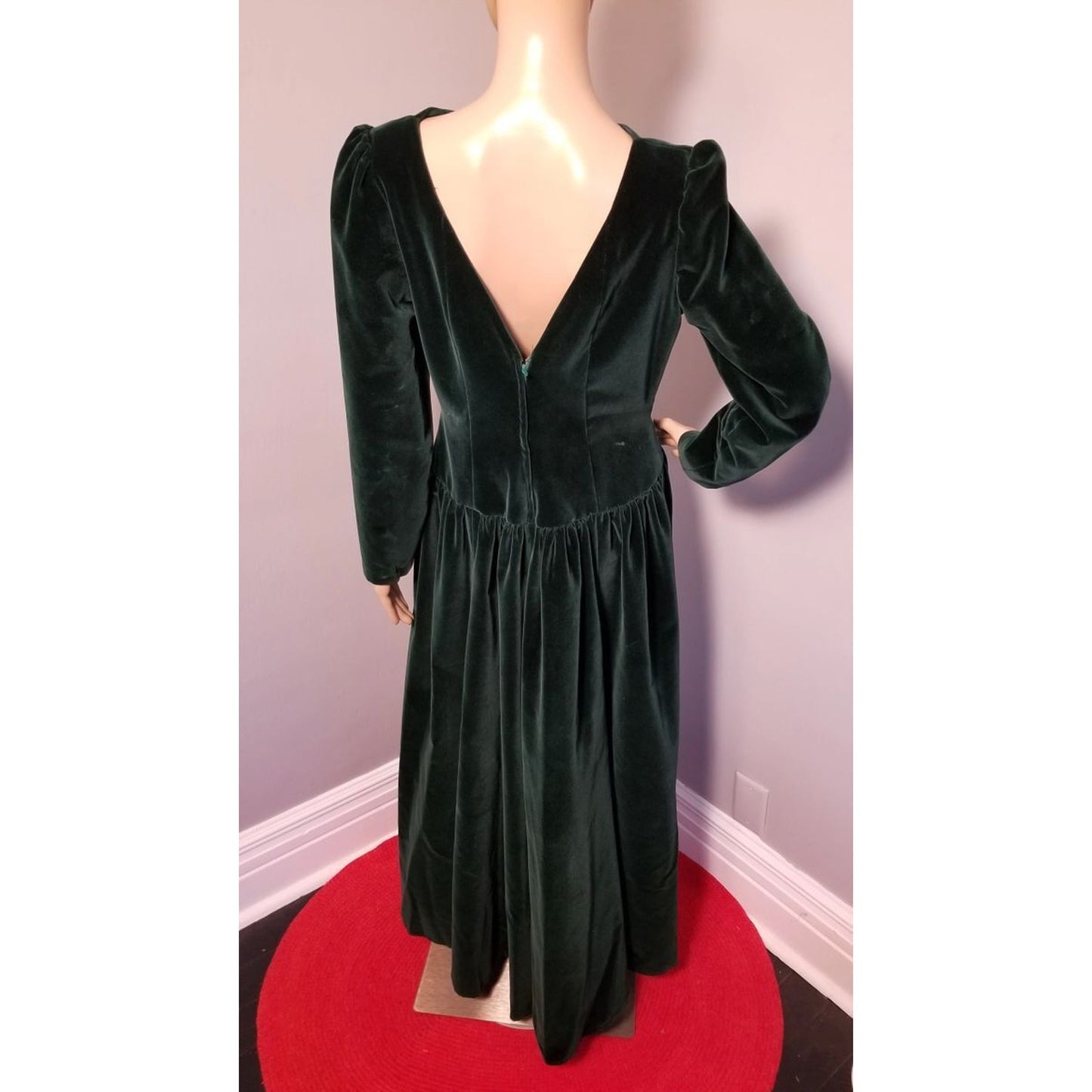 80s Vintage House of Bianchi Deep Hunter Green Velvet Maxi Dress - M/L