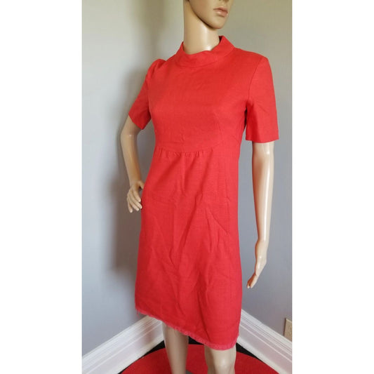 70s Vintage Red Linen Tailored, Empire Waist Sheath Dress - S